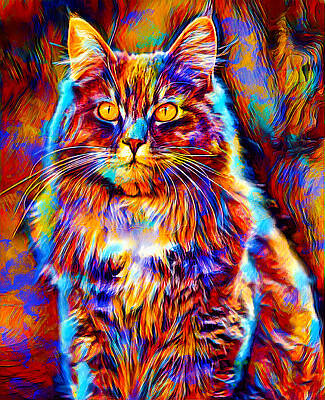 Vibrant Wall Art featuring the digital art Colorful Maine Coon Cat Sitting - Digital Painting by Nicko Prints