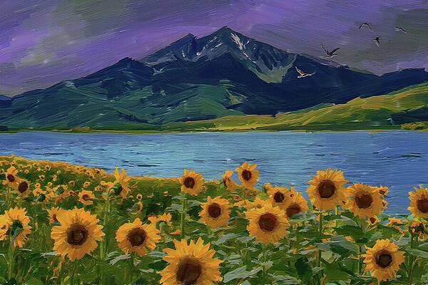 Serene Digital Art - Colorful Painting Of Sunflowers And Mountains Digital Oil Painting by Nature Oil Painting