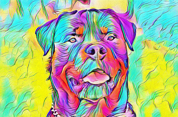 Vibrant Wall Art featuring the digital art Colorful Rottweiler Dog Portrait - Digital Painting by Nicko Prints