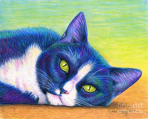 Pet Portrait Wall Art featuring the drawing Colorful Tuxedo Cat by Rebecca Wang