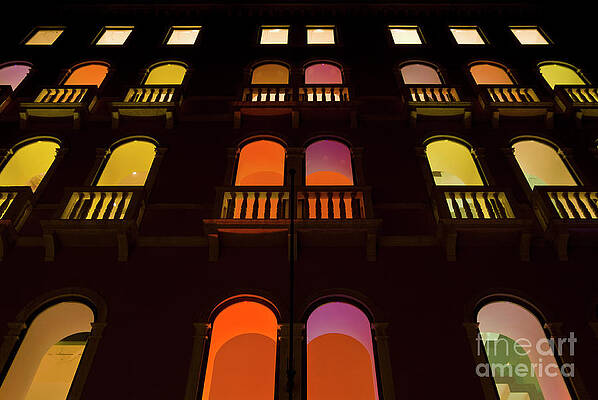 Wall Art featuring the photograph Coloured Lights In The Windows Of The Benetton Building In Venice, Italy by Neale And Judith Clark