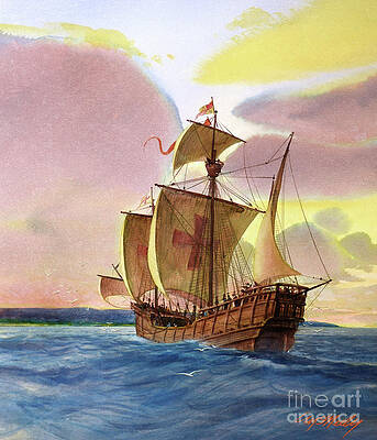 Boat Wall Art featuring the painting Columbus - Ship Approaching Land by Tom McNeely
