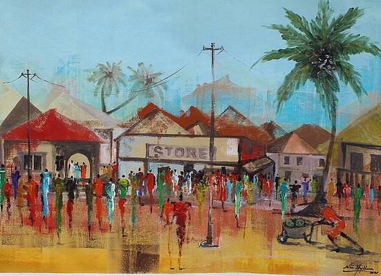 Busy Market Scene with Palm Trees Wall Art