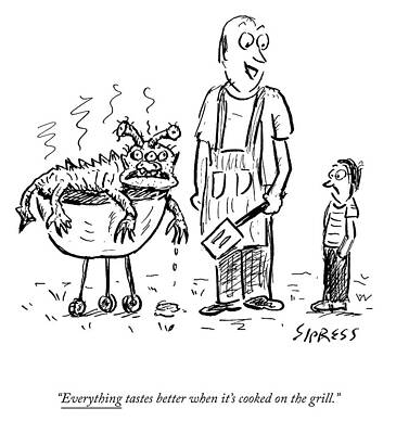 Cook Wall Art featuring the drawing Cooked On A Grill by David Sipress