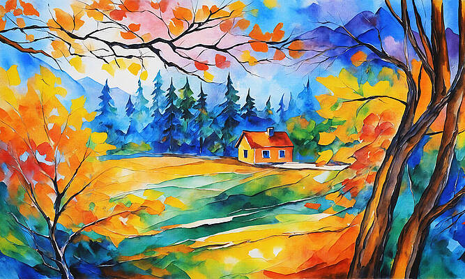 Nature Digital Art - Cottage On A Meadow Seen Through Tree Branches - Colorful Painting by Nicko Prints