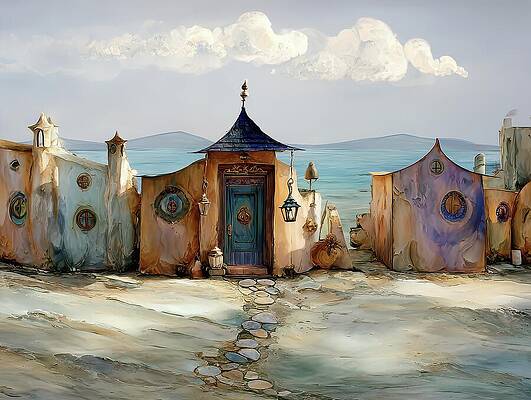 Whimsical Digital Art - Cottages At The Shore by Eris And AI