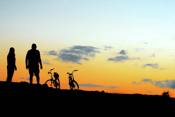 Sky Wall Art featuring the photograph Couple On The Sunset With Bikes Landscape by Severija Kirilovaite