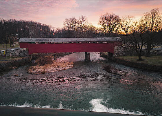 Light Wall Art featuring the photograph Covered Bridge Sunrise From Wehr's Dam by Jason Fink