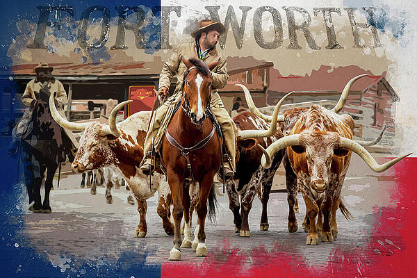 Cowboy Rides with Longhorns in Fort Worth Wall Art