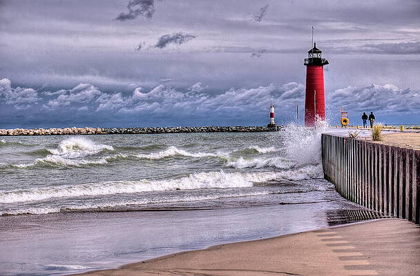 Wis Photograph - Crashing Waves At Kenosha Lighthouse by Dale Kauzlaric