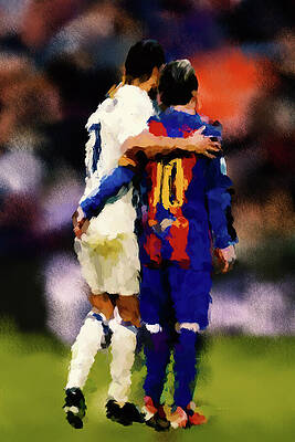 Sports Wall Art featuring the digital art Cristiano Ronaldo And Lionel Messi Embrace Each Other by Gradify Creations