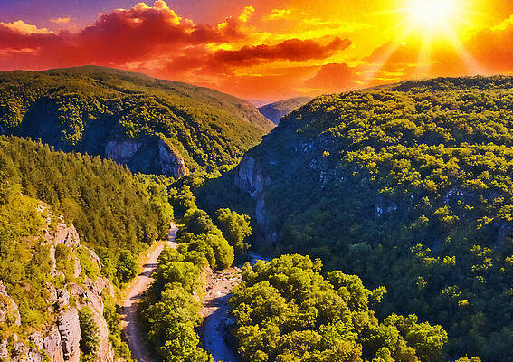 Nature Digital Art - Crisul Repede Gorge In Suncuius, Romania, At Sunset - Digital Painting by Nicko Prints