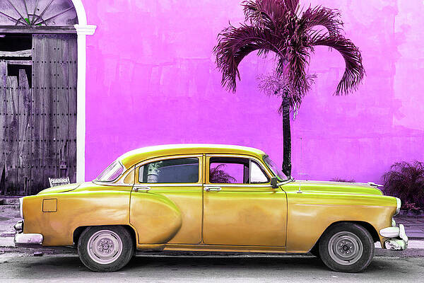 Travel Photograph - Cuba Fuerte Collection - Beautiful Retro Golden Car by Philippe HUGONNARD