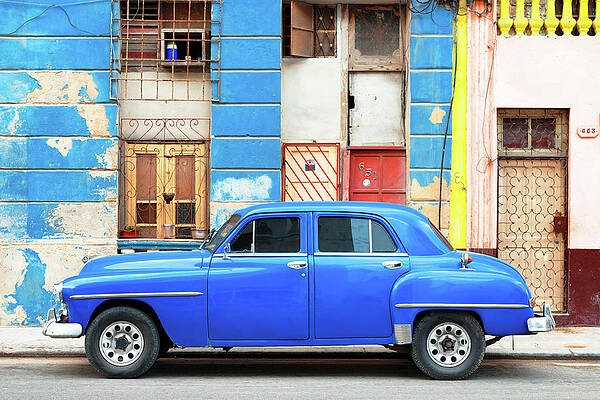 Travel Photograph - Cuba Fuerte Collection - Blue Classic American Car by Philippe HUGONNARD