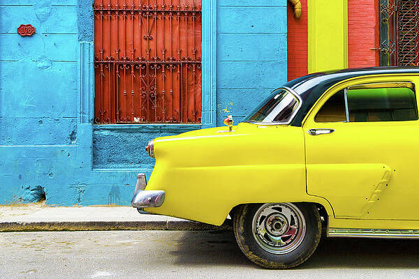 Travel Photograph - Cuba Fuerte Collection - Close-up Of Yellow Taxi Of Havana III by Philippe HUGONNARD