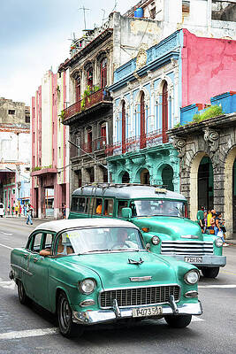 Travel Photograph - Cuba Fuerte Collection - Green Taxi Cars by Philippe HUGONNARD