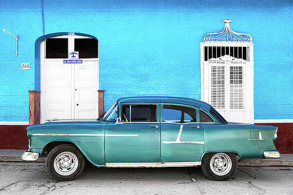 Travel Photograph - Cuba Fuerte Collection - Old Blue Car by Philippe HUGONNARD