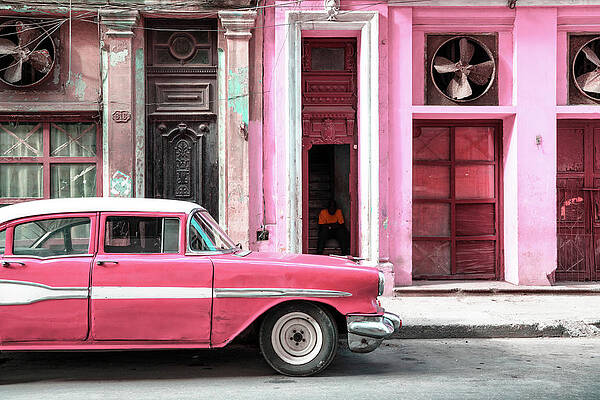 Travel Photograph - Cuba Fuerte Collection - Old Classic American Pink Car by Philippe HUGONNARD