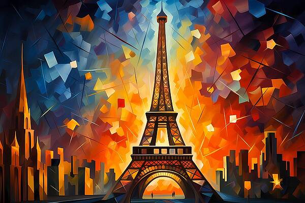 Geometric Wall Art featuring the digital art Cubist Representation Of Eiffel Tower At Night by Andre Petrov