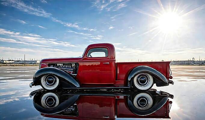 Vintage Red Pickup in Sunlight Digital Art