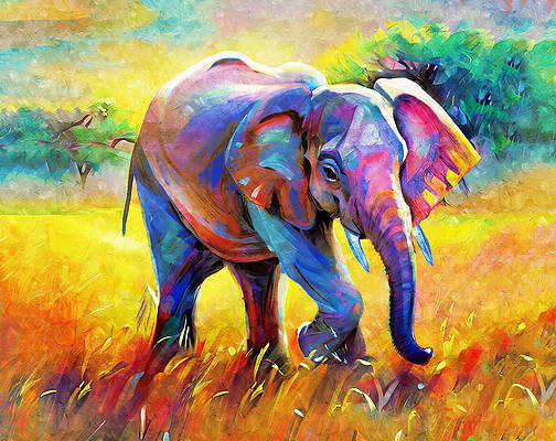 Vibrant Wall Art featuring the digital art Cute Baby Elephant On Pasture At Sunset - Digital Painting by Nicko Prints