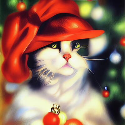 Wall Art featuring the digital art Cute Cat With Christmas Hat by Tatiana Travelways
