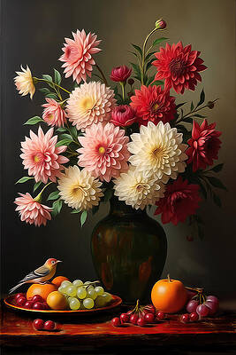 Vibrant Dahlia Bouquet with Fruits Digital Art