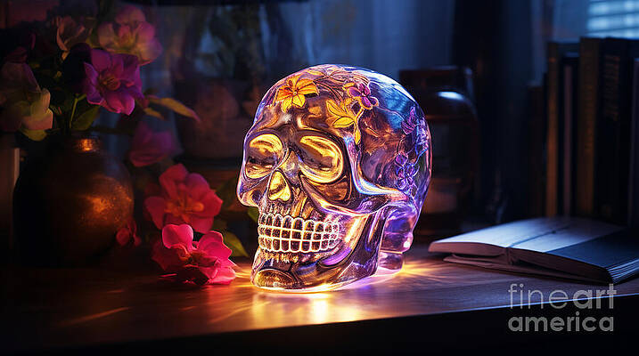 Halloween Wall Art featuring the digital art Day Of The Dead Glowing Crystal Vanitas Skull With Flowers by Michel Cruz-Garcia