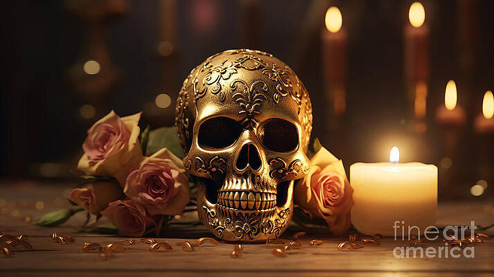 Candle Wall Art featuring the digital art Day Of The Dead Golden Skull With Pink Roses Sitting By The Candlelight by Michel Cruz-Garcia
