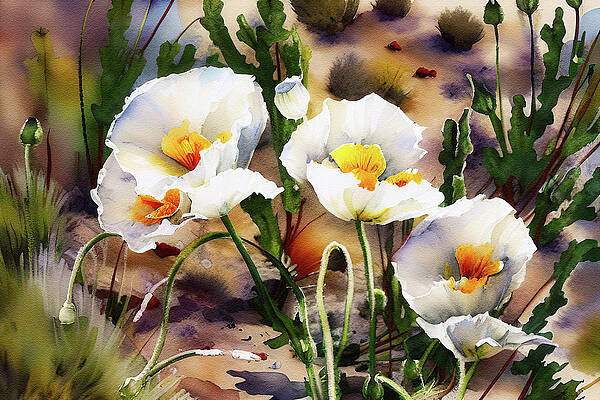 Natural Wall Art featuring the digital art Desert White Poppies Watercolor by Tatiana Travelways