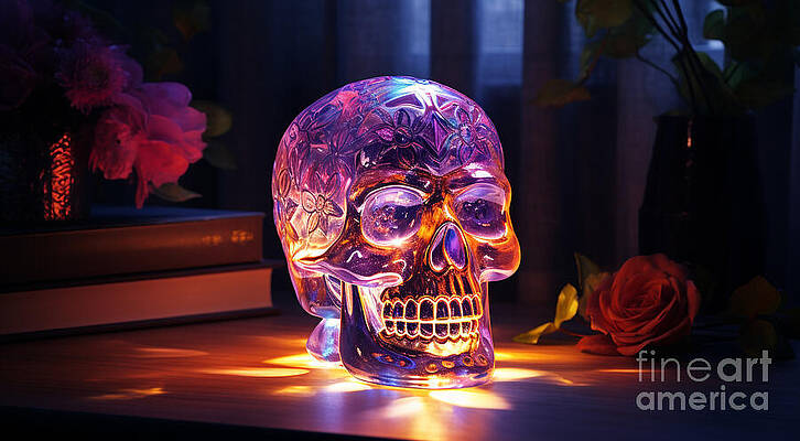 Halloween Wall Art featuring the digital art Dia De Los Muertos Glowing Crystal Skull By A Red Rose by Michel Cruz-Garcia