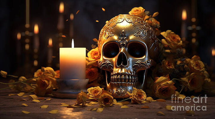 Halloween Wall Art featuring the digital art Dia De Los Muertos Skull Covered By Orange Flowers And Candlelight by Michel Cruz-Garcia