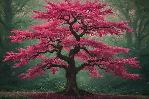 Tree Digital Art - Digital Oil Painting Of A Majestic Crimson Maple Tree by Nature Oil Painting