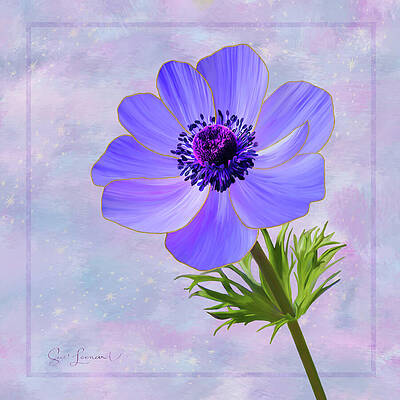 Country Wall Art featuring the photograph Digitally Painted Anemone In Blue With Gold Accents by Sue Leonard