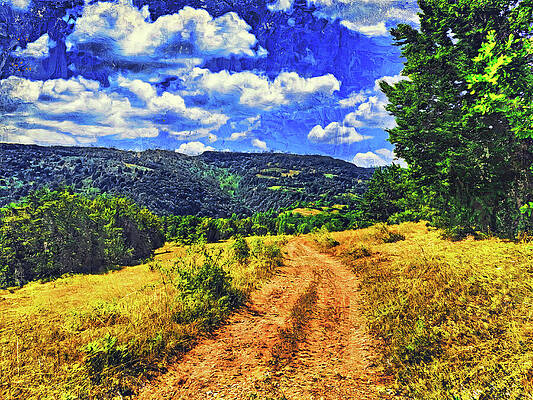 Mountain Wall Art featuring the digital art Dirt Path In A Hilly Landscape With Trees Under A Blue Sky With Clouds - Impasto Oil Painting by Nicko Prints