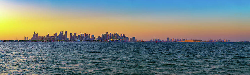 Wall Art featuring the photograph Doha Skyline Panorama At Sunset by Miroslav Liska