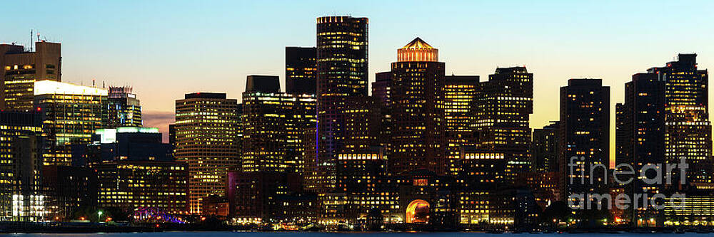 Wall Art featuring the photograph Downtown Boston Skyline At Night Panoramic Photo by Paul Velgos