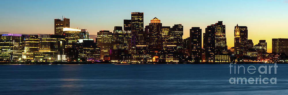 Wall Art featuring the photograph Downtown Boston Skyline At Night Sunset Panorama Photo by Paul Velgos