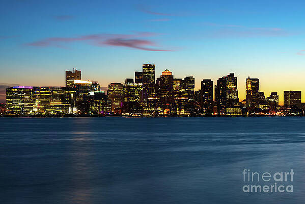 Wall Art featuring the photograph Downtown Boston Skyline At Night Sunset Photo by Paul Velgos