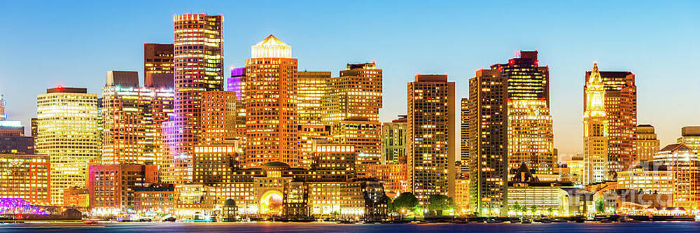 Wall Art featuring the photograph Downtown Boston Skyline Cityscape At Night Panoramic by Paul Velgos