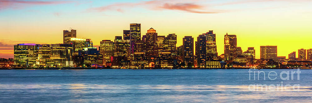 Wall Art featuring the photograph Downtown Boston Skyline Cityscape At Sunset Panorama by Paul Velgos