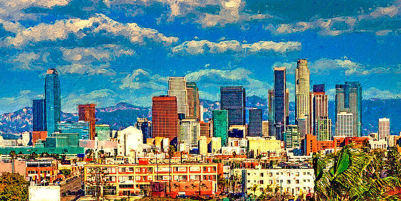 Mountain Wall Art featuring the digital art Downtown Los Angeles Cityscape With Its Skyscrapers - Digital Painting Effect by Nicko Prints