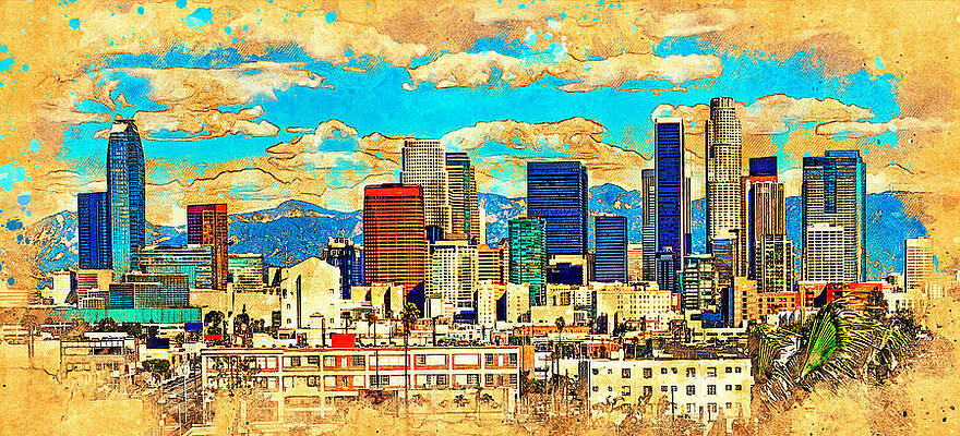 Mountain Wall Art featuring the digital art Downtown Los Angeles Cityscape With Its Skyscrapers - Digital Painting With Vintage Look by Nicko Prints