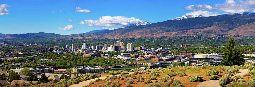 Wall Art featuring the photograph Downtown Reno Skyline, Nevada, With Hotels, Casinos And Surrounding Mountains by Miroslav Liska