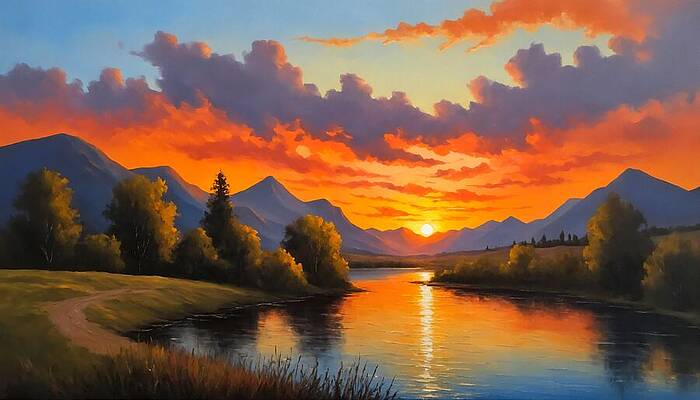 Mountain Wall Art featuring the digital art Dramatic Sky Sunset Over A River With The Mountains Seen In The Distance - Digital Painting by Nicko Prints