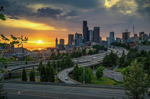 Sky Photograph - Dramatic Sunset Over Seattle Downtown Skyline by Miroslav Liska