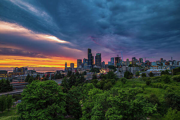 Sky Photograph - Dramatic Sunset Over Seattle Skyline by Miroslav Liska