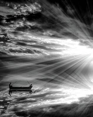 Fishermen Under Radiant Sky Photograph