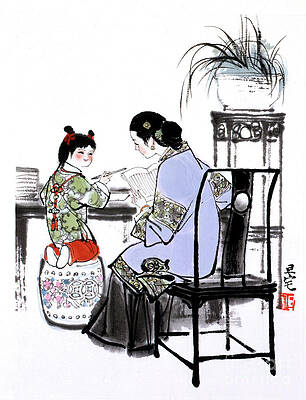 Wall Art featuring the painting Dream Of The Red Chamber - Woman And Child Sitting At Writing Table by Liu Danzhai