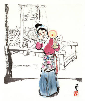 Wall Art featuring the painting Dream Of The Red Chamber - Woman And Weaving Of Fabric by Liu Danzhai